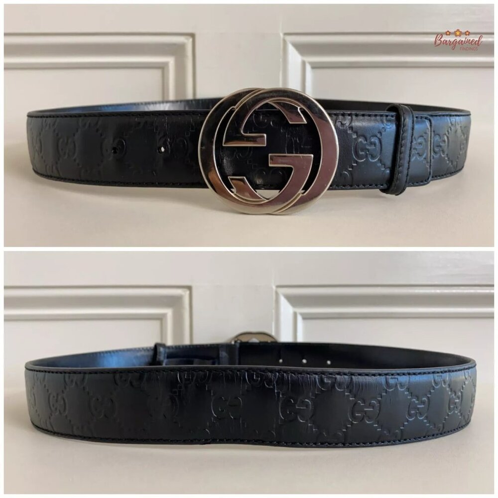 Authentic Gucci Black Monogram Guccissima Leather Silver Buckle Belt 85/34 - Picture 5 of 13
